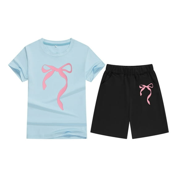 CAIXIA Girls 4-16 Short Sleeve And Shorts Set Girls Summer Outfit Set with Bow Print Candy Colored Short Sleeve Tee and Comfortable Shorts,8-9 Years