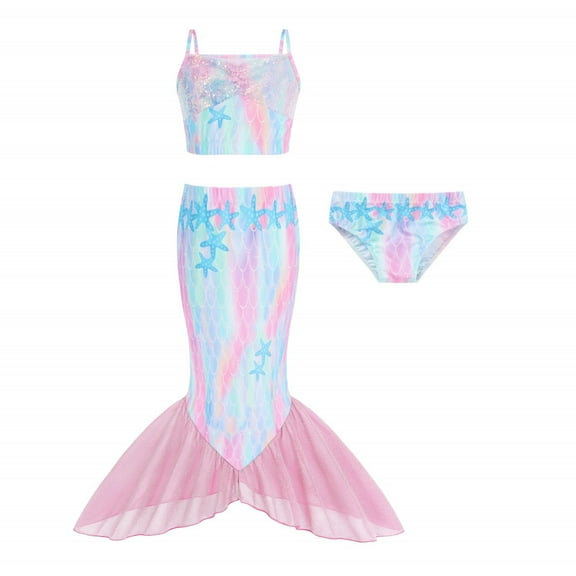 CAIXIA Girls Bathing Suit Pink Mermaid Swimsuit with Tail for Girls 7-8 Tankini Bathing Suits Fish Tail Set Swimwear,5-6 Years
