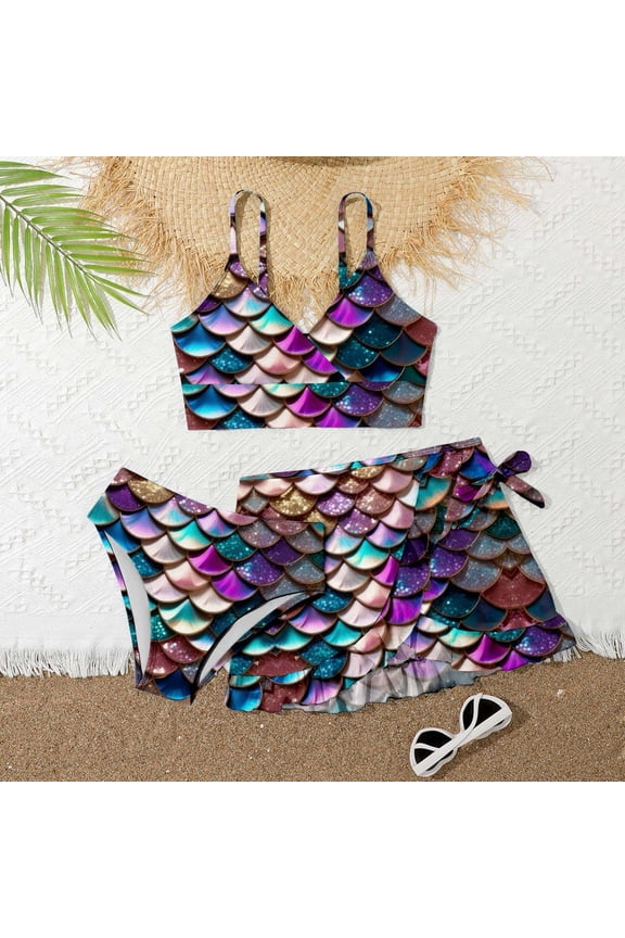 Girls Bathing Suits Size 7-8 Sparkly Girls 3-Piece Tankini Set and Mermaid Beach Sport Bathing Suit Cover Ups for Swimwear