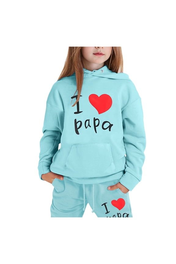 Girls Clothes 2 Piece Outfit Fashionable Girls Casual Outfit Set Printed Long Sleeve Hooded Top and Pants Coordinated Suit,Light Blue