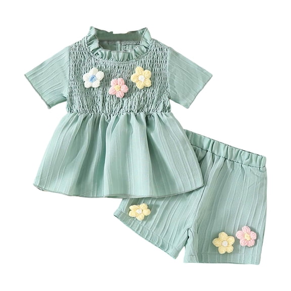 CAIXIA Girls Clothes Size 6 Toddler Girls Floral Summer Two Piece Outfit Featuring and 3D Applique Shorts with Short Sleeve Top for Beach Play,12-18 Months