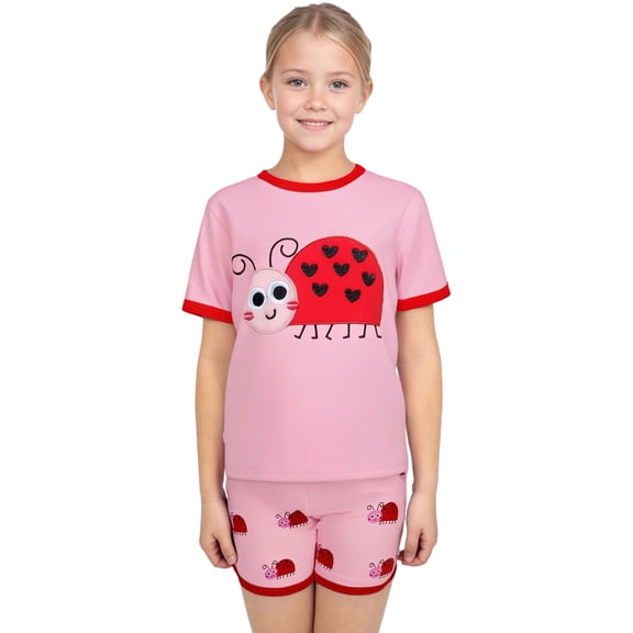 CAIXIA Girls Cotton Summer Short Set Stylish Graphic Print Casual Outfit Set for Girls Comfortable Round Neck Tee and Elastic Waist Shorts,6-7 Years