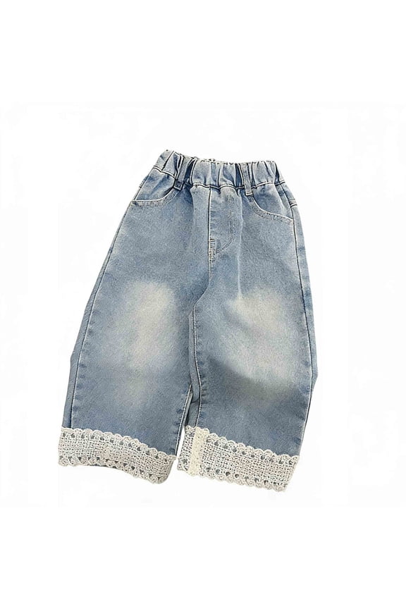 Girls Jeans Baggy Straight Wide Leg Washed Denim Pants Mid Rise Elastic Band Y2k Boyfriend Kids Trousers with Pockets for Back To School