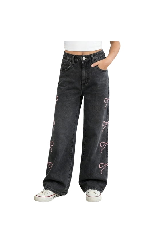 Girls Jeans Baggy Wide Leg Denim Pants Teen High Elastic Waisted Loose Fit Y2k Trendy Long Trousers Trendy Pants Kids Clothes with Pockets