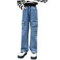 thumbnail image 1 of CAIXIA Girls Jeans Pants Size 14,Girls Cargo Baggy Pants Elastic Waist Wide Leg Jeans Casual Demin Pants With Pockets,Blue-1,4-5 Years, 1 of 9