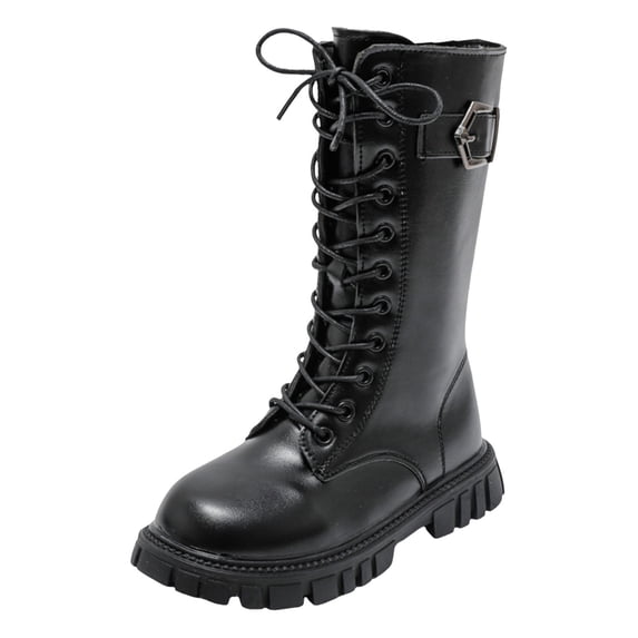 CAIXIA Girls Kids Boots Lace Up Side Zipper Combat Boots Faux Leather Motorcycle Riding Boot Lug Sole Low Heel Shoes,Black