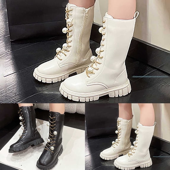 CAIXIA Girls Knee High Boots Riding Shoes with Side Zipper Fashion Round Toe Pu Leather Combat Boots Punk Goth Shoes Back To School for Kids Party Christmas Halloween Holiday