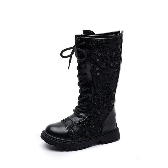 CAIXIA Girls Knee High Boots with Side Zipper Lace-up Sparkly Riding Shoes for Kids Party Christmas Holiday