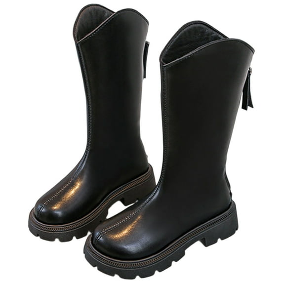 CAIXIA Girls Knee Lace Up Side Zipper Riding Boots Kids Fashion Mid Calf Combat Boots PU Leather Punk Goth Boot,10-10.5 Years,X119-Black