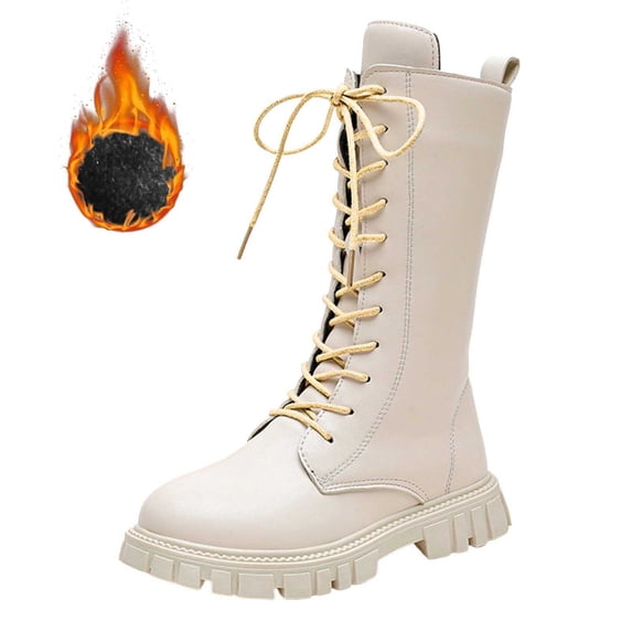 CAIXIA Girls Lace Up Combat Boots Mid Calf Riding Boots Side Zipper Fashion Round Toe Combat Boots Pu Leather Non- Lug Sole Motorcycle Boots School Shoes for Girls Little Kid/big Kid Shoes