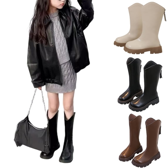 CAIXIA Girls Lace Up Combat Boots Mid Calf Riding Boots with Side Zipper Soft Soled Fashion Combat Boots Pu Leather Punk Goth Boot Fall Boots Back To School Winter Riding Boots