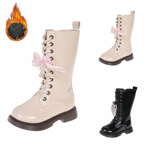CAIXIA Girls Lace Up Riding Boots Mid Calf Side Zipper Fashion Round Toe Comfortable Pu Leather Combat Boots Punk Goth Boot Fall Boots School Shoes for Girls Winter Riding Boots