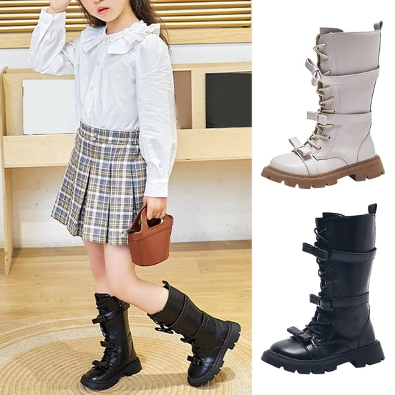 CAIXIA Girls Lace Up Riding Boots Mid Calf Side Zipper Fashion Round Toe Pu Leather Combat Boots Punk Goth Lug Sole Boot Back To School Winter Riding Boots