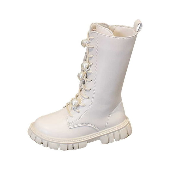 CAIXIA Girls Lace Up Riding Boots Mid Calf Combat Boots PU Leather Side Zipper Punk Goth Boot,4-4.5 Years,X1110-White