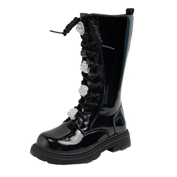 CAIXIA Girls Lace Up Riding Boots Mid Calf Combat Boots PU Leather Side Zipper Punk Goth Boot,4-4.5 Years,X1112-Black