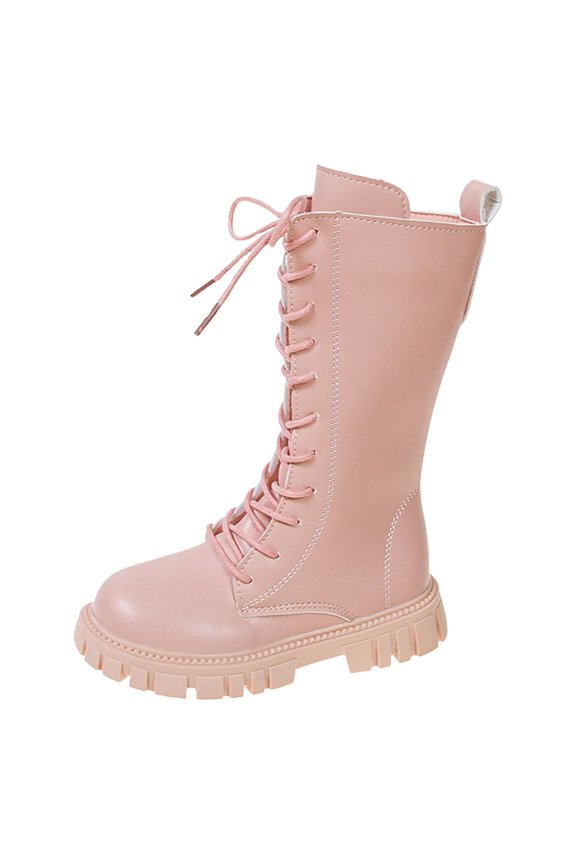 Girls Lace Up Riding Boots Mid Calf Combat Boots Pu Leather Side Zipper Punk Goth Boot Fall Boots,Pink