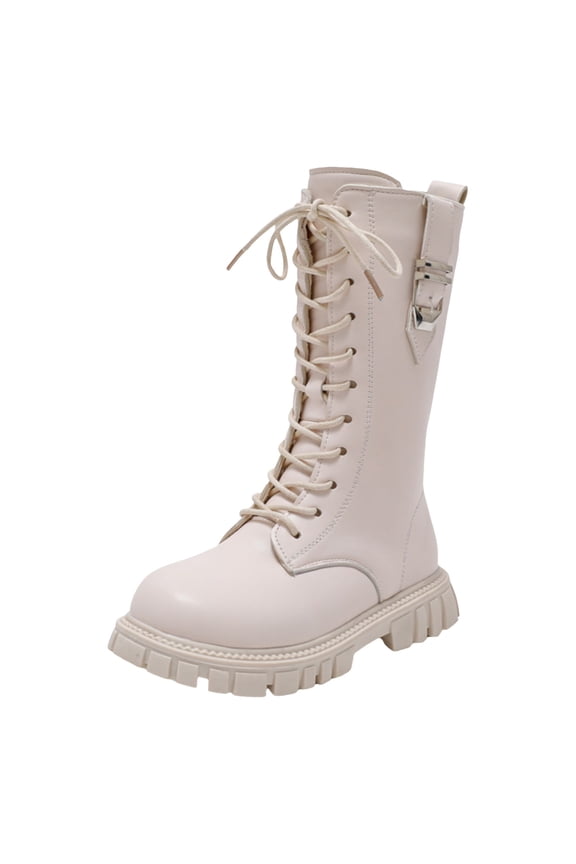Girls Leather Lace Up Knee High Boots with Side Zipper Fashion Comfortable Round Toe Low Heel Combat Riding Boots Winter Tall Boots Little Kid/Big Kid,White