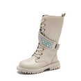 thumbnail image 1 of CAIXIA Girls Leather Lace Up Knee High Boots with Side Zipper Fashion Comfortable Round Toe Low Heel Combat Riding Boots Winter Tall Boots Little Kid/Big Kid,7.5-8 Years,X112-Beige, 1 of 6