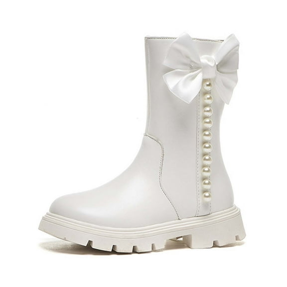 CAIXIA Girls Leather Lace-Up Zipper Mid Calf Combat Riding Winter Boots With Bowknot And Pearl (Toddler/Little Kid/Big Kid),White