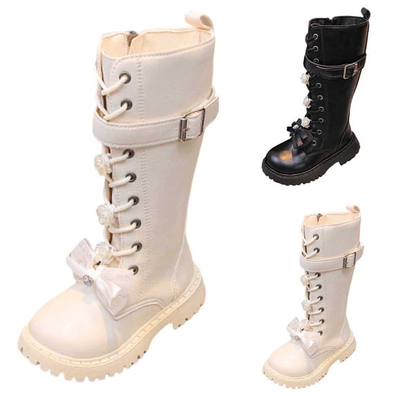 CAIXIA Girls Leather Riding Knee High Boots with Side Zipper Soft Soled Fashion Combat Boots Pu Leather Lug Sole Punk Goth Boot Back To School Winter Riding Boots