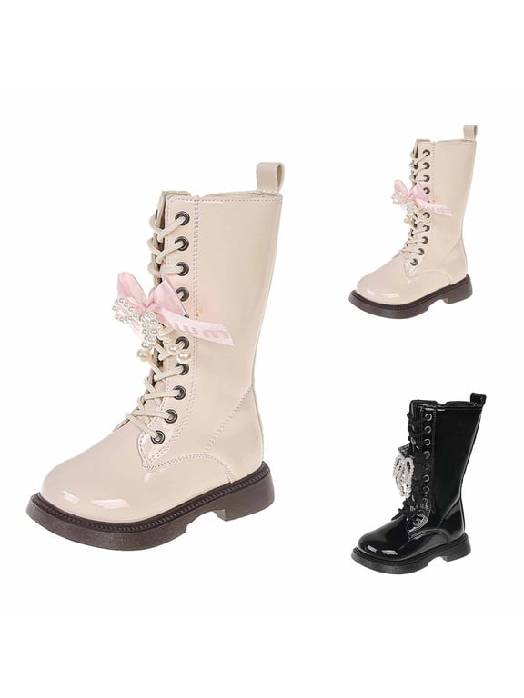 Girls Leather Riding Knee High Boots with Side Zipper Soft Soled Fashion Combat Boots Pu Leather Punk Goth Lug Sole Boot School Shoes for Girls for Kids Party Christmas Halloween Holiday