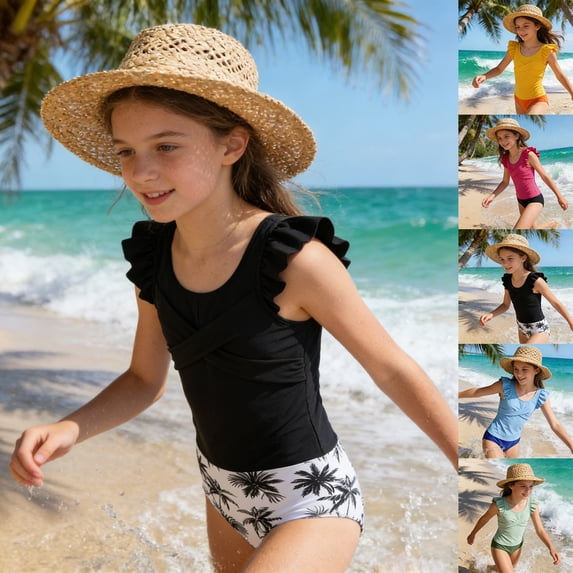CAIXIA Girls One Piece Swimsuits Adjustable Straps Girls Bathing Suit cover Up Trim Wrap Tie Back Ruched Ruffle Girls Swimsuits Quick-Dry for Swim Team Beach Swimwear,11-12 Years