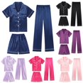 thumbnail image 1 of CAIXIA Girls Pajama Set 3 Piece Summer Button Down Silk Pajamas Plus Size Short Sleeve Long Pants and Shorts Comfort Sleepwear Lounge Sleep Set Kids Nightwear,80-Purple, 1 of 6