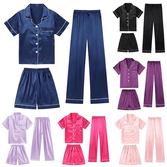CAIXIA Girls Pajama Sets Size 14-16 3 Piece Cotton Summer Silk Pajamas for Girls Short Sleeve with Shorts and Pants Satin Pjs Sleepwear Loungewear Clothes Kids Nightwear,80-Light Pink