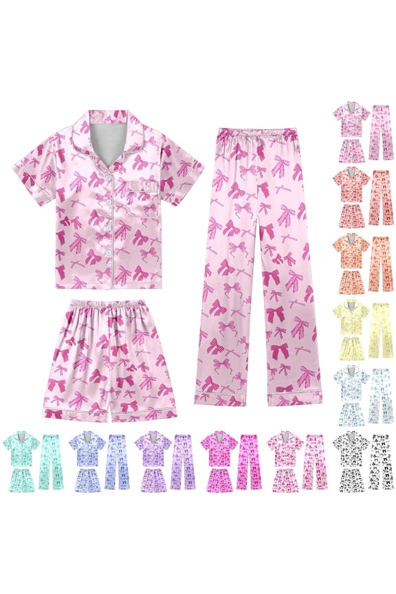 Girls Pajamas 3pcs Cartoon Pattern Silk Pajamas for Girls Long Sleeve Leg Pajama Set Satin Pjs Sleepwear Loungewear Sets 3pjs Nightwear,52-Light Purple