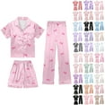 thumbnail image 1 of CAIXIA Girls Pajamas Size 10 3 Piece Cute Button Down Silky Lounge Sets Short Sleeve with Shorts & Long Pants Satin Sleepwear Loungewear for Kids Nightwear for Bedtime,25-Purple, 1 of 6