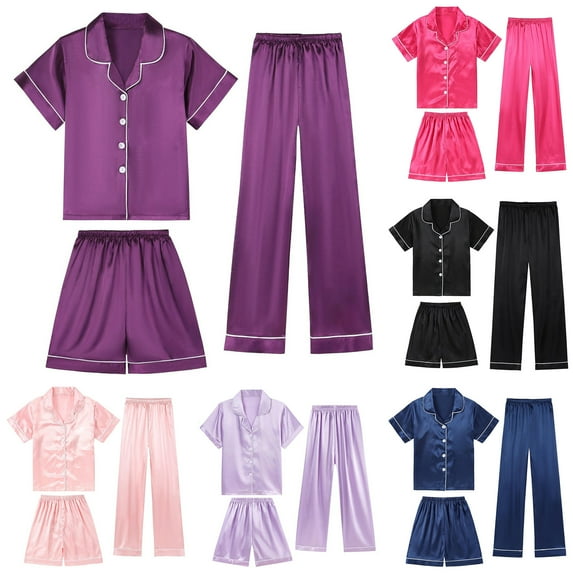 CAIXIA Girls Pajamas Size 10 3pcs Cute Print Summer Silk Pj Set Short Sleeve Long Pants with Shorts Satin Pjs Sleepwear Loungewear Clothes Comfortable Nights,79-Black