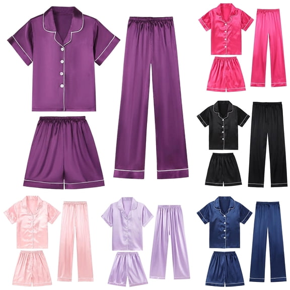 CAIXIA Girls Pajamas Size 6 3 Piece Cute Patterns Pjs Silky Long Sleeve Leg Pajama Set Satin Sleepwear Loungewear Clothes Pjs Set,79-Black