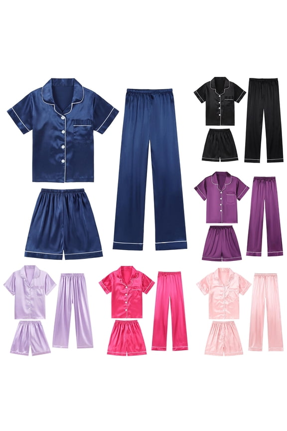 Girls Pajamas Size 6 3 Pieces Cotton Summer Silk Pjs Short Sleeve Long Pants with Shorts Satin Sleepwear Lounge Set 3pjs Nightwear,80-Light Purple