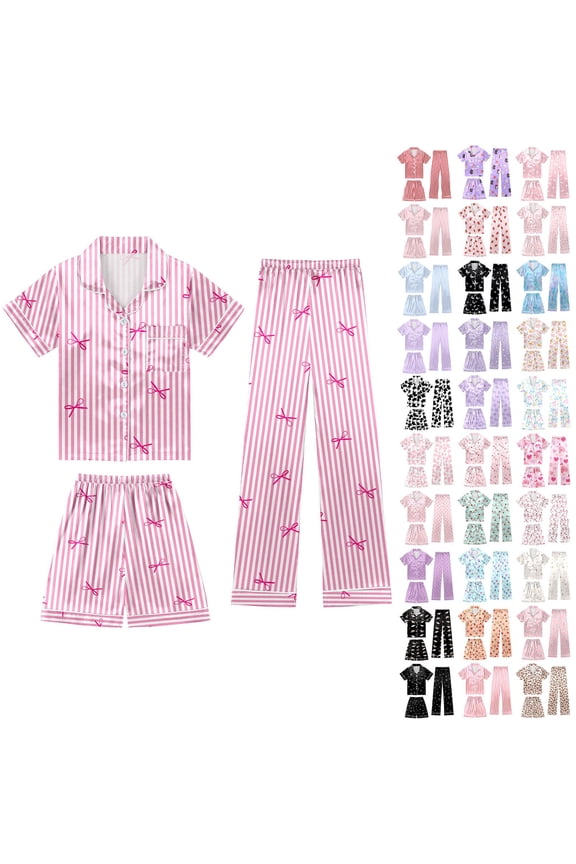 Girls Pajamas Size 6 3pcs Cartoon Pattern Silk Pajamas for Kids Long Sleeve Leg Pajama Set Comfort Sleepwear Lounge Set Comfortable Nights,03-Pink