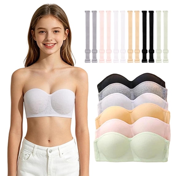 CAIXIA Girls Strapless Bra for Teens Bandeau Bras with Clear Straps Wireless Girl Training Bra