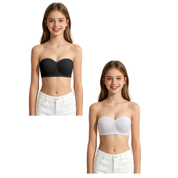 CAIXIA Girls Strapless Bra for Teens Bandeau Bras with Clear Straps Wireless Girl Training Bra