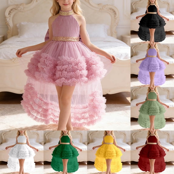 CAIXIA Girls Summer Dress RedGirls Tiered Neck Gown Dress With Train For Pageant Recital Performance And,Green,2-3Years
