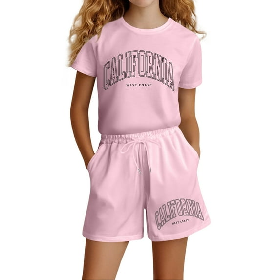 CAIXIA Girls Summer Outfits 2Pcs Girls Summer Casual Outfit Set Short Sleeve Graphic Tee with Pocket Shorts Comfortable Playwear,9-10 Years
