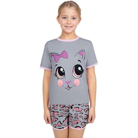 CAIXIA Girls Summer Outfits Girls Summer Casual Outfit Set Large Size Round Neck Print Short Sleeve Top and Elastic Waist Shorts Two Piece Playwear,7-8 Years