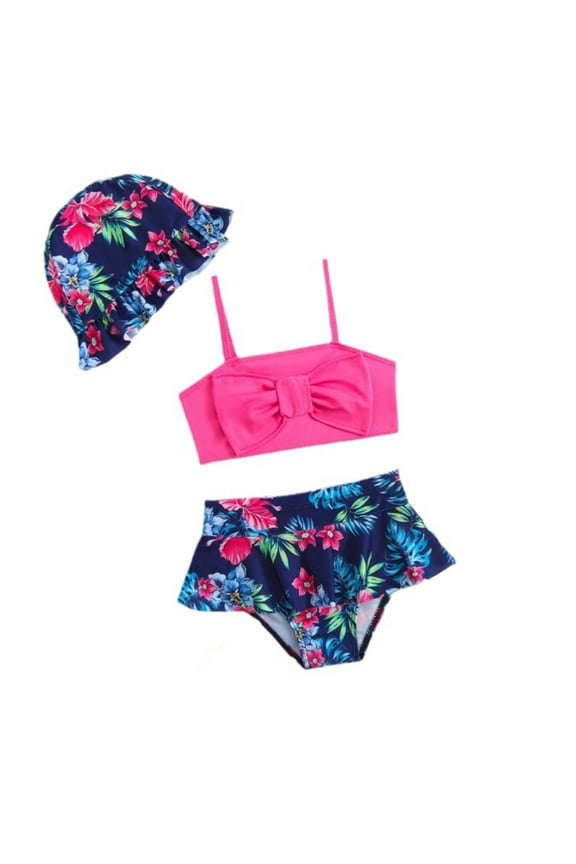 Girls Swimsuit 3 Pieces Sparkly Girl Bathing Suit Adjustable Wide Straps Tropical Print Princess Bikini Set Ruffle Ruched Cut Out Tankini Sets Swimwear Set Teens Girl