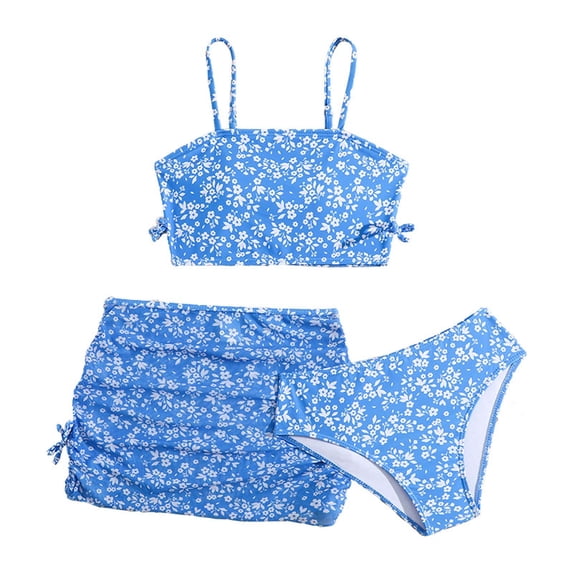 Girls Swimsuit Cover Up 3 Piece Quick Dry Bathing Suits for Girls Cover Up Slit Skirt Tropical Print Bikini Sets Modest Ruched Cutout Tankini Girls Swimwear