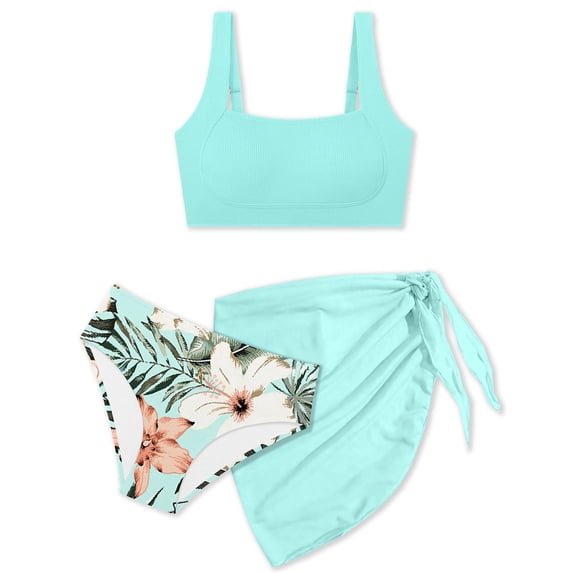 Girls Swimsuit Size 6 3 Pieces Sparkly Girls Bathing Suit cover Up Adjustable Straps Color Block Bikini Top Modest Ruched Rash Guard Tankini with Shorts Mermaid Girls Swimwear