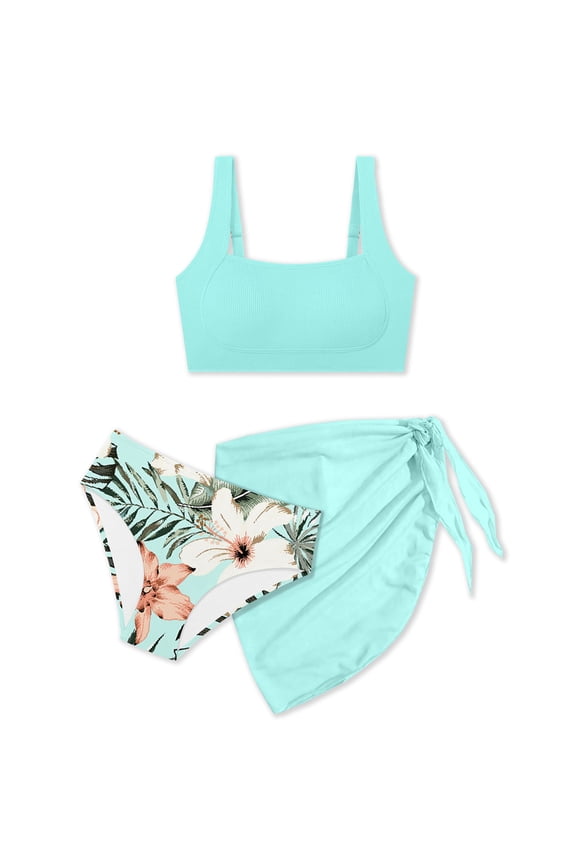 Girls Swimsuit Size 8 3pcs Stretch Bathing Suit with Drawstring Mermaid Bikini Bottoms Ruffle Ruched Cutout Girls Swimwear Tankini Girl Swimwear Swim Suit