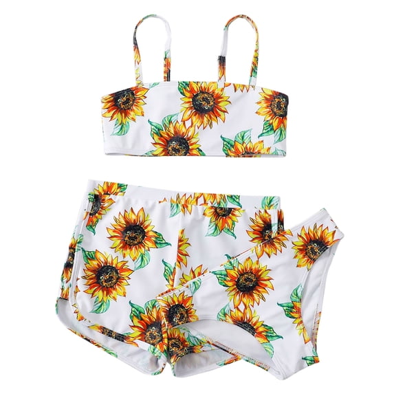 Girls Swimsuits Size 14-16 3pcs Quick Dry Girls Bathing Suit with Chest Pad Floral Print Bikini Bottoms Cute Ruffle Ribbed Tankini Sets Swimwear with Skirt