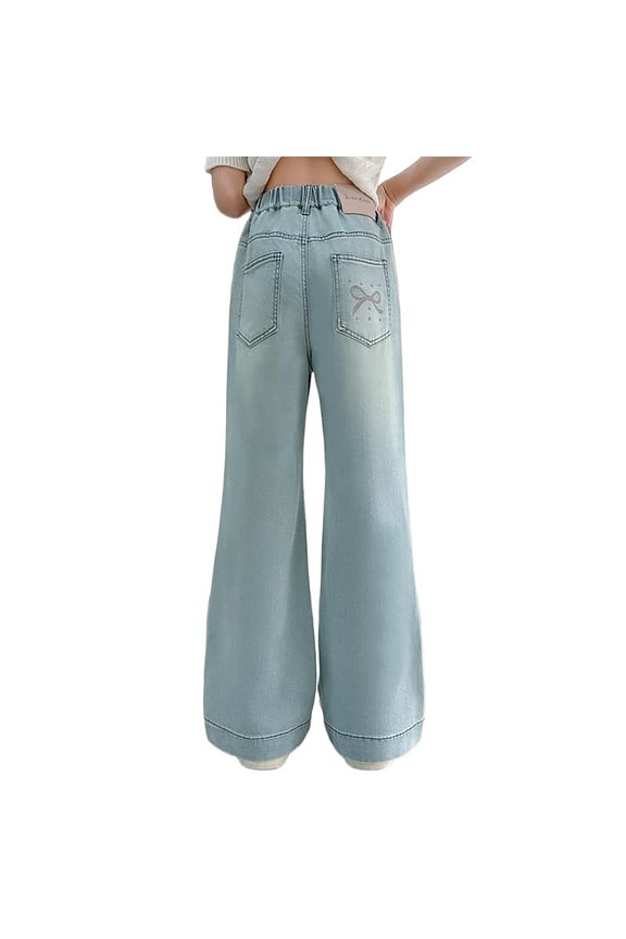 Girls Wide Leg Jeans Straight Leg Embroidered Denim Pants Elastic High Waisted Loose Fit Y2k Trendy Long Trousers Streetwear with Pockets