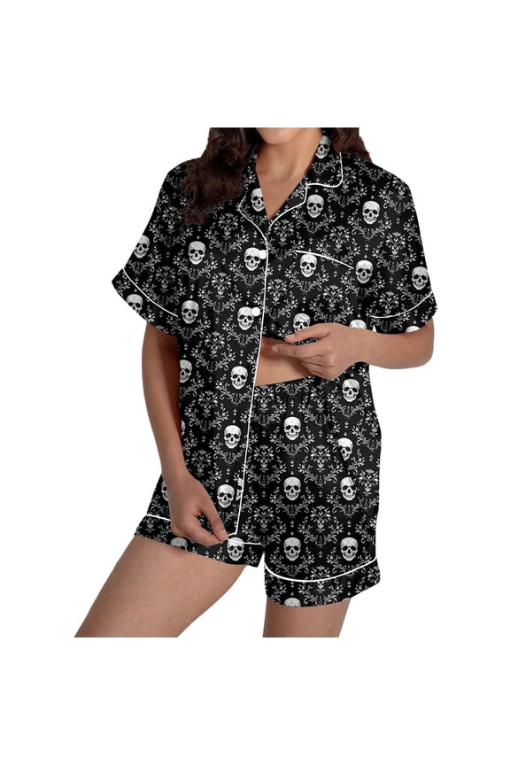 Halloween Cotton Pajamas for Women Set Silk Satin 2 Piece Button Down Silk Pjs Shorts Set Ghost Pumpkin Print Lounge Set Soft Comfy Ruffle Notch Collar Gothic Sleepwear with Pockets