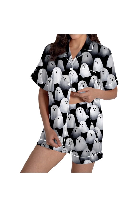 Halloween Pajamas for Women Set Cute Silk Satin 2 Pcs Button Down Silk Pjs Shorts Set Ghost Pumpkin Print Lounge Sets Soft Ruffle Notch Collar Gothic Sleepwear with Pockets