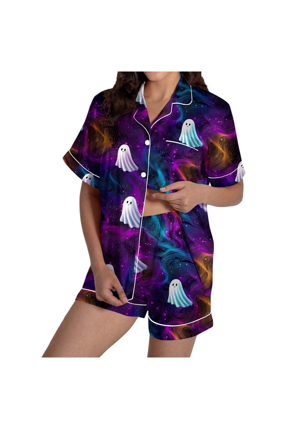 Halloween Pajamas for Women Set Silk Satin 2 Pcs Button Up Satin Pjs Short Sleeve Graphic Printed Loungewear Soft Collar Gothic Sleepwear with Pockets