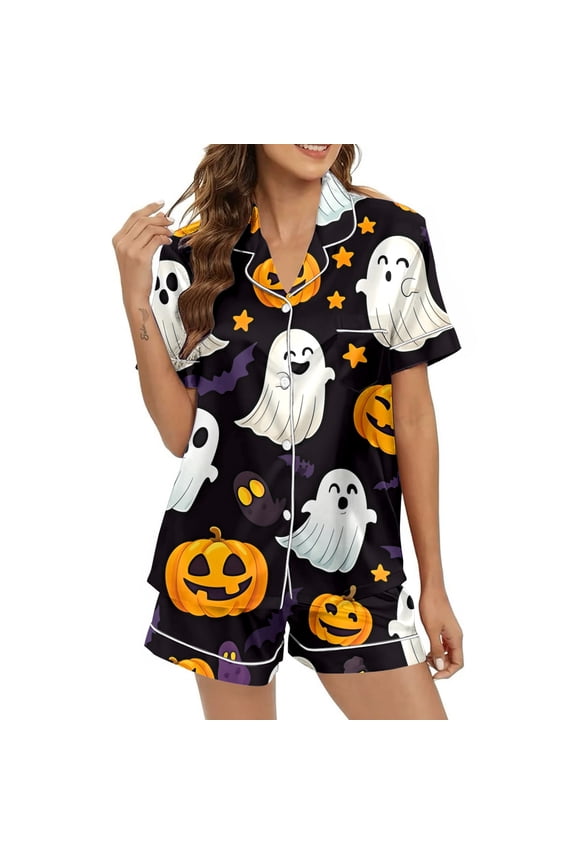 Halloween Satin Pajama Set for Women 2 Piece Button Down Short Sleeve Shorts Pjs Set Cute Print Lounge Sets Soft Notch Collar Gothic Sleepwear with Pockets