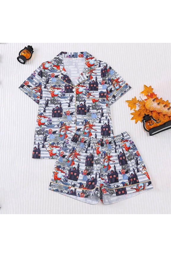 Halloween Satin Pajama for Women 2 Pcs Satin Pj Set Button-Down Silk Pj Set Ghost Pumpkin Print Loungewear Soft Notch Collar Gothic Sleepwear with Pockets